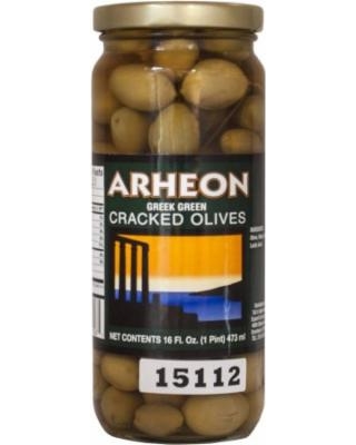 ARHEON GREEN CRACKED OLIVES 16OZ JAR.