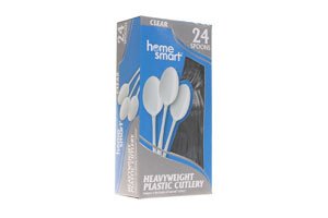 HOME SMART PLASTIC CUTLERY BOX CLEAR SPOONS 24 PK BOX.