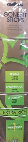 GONESH INCENSE JASMINE, SAGE, &STRAWBERRY 30CT. - 4PK