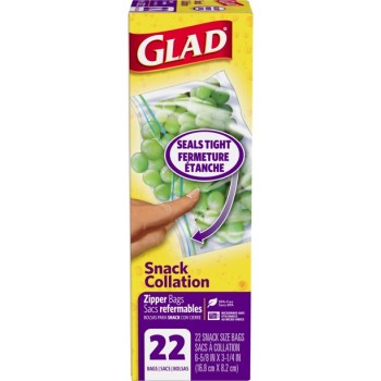 GLAD ZIPPER SNACK BAGS. 22CT BOX.
