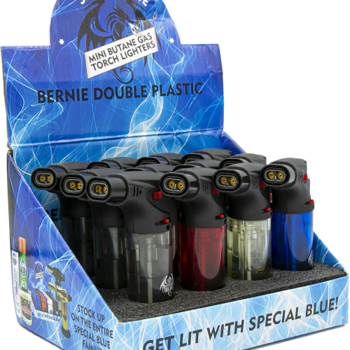 SPECIAL BLUE BERNIE DOUBLE PLASTIC LIGHTER DISPLAY 12CT. BOX