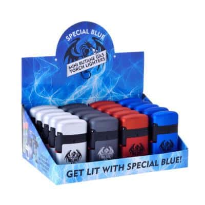 SPECIAL BLUE CLASSIC DOUBLE FLAME RUBBER METALLIC LIGHTER DISPLAY 20CT. BOX.