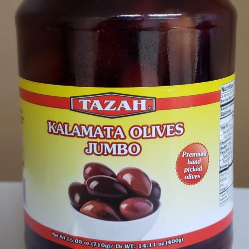 TAZAH KALAMATA BLACK OLIVES JUMBO 14.11OZ. JAR.
